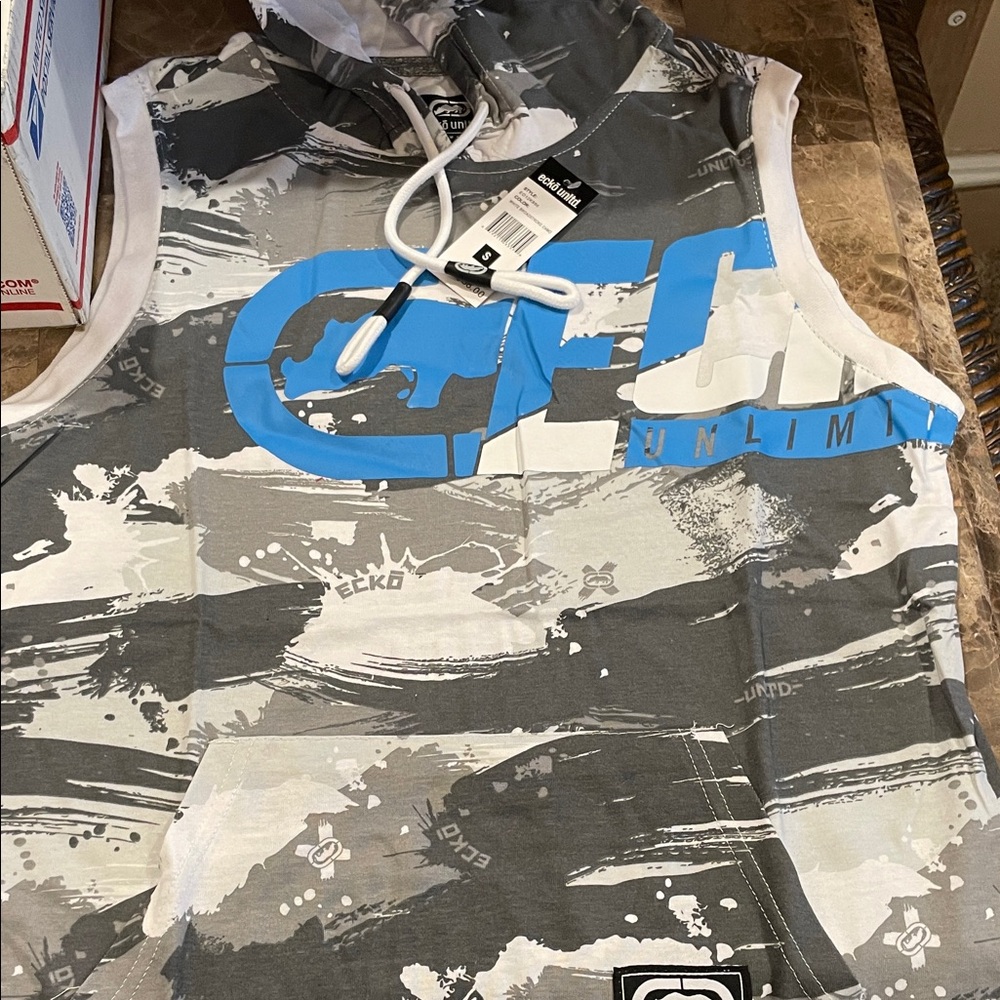 Ecko Unlimited Gray and Blue Graphic Sleeveless Hoodie